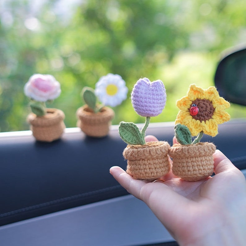 Sunflowe Car Accessories, Handmade Car Accessories Car Decorate, Car Dashboard Decor, Crochet Hanging Basket, Romantic Valentine's Day Gift image 3