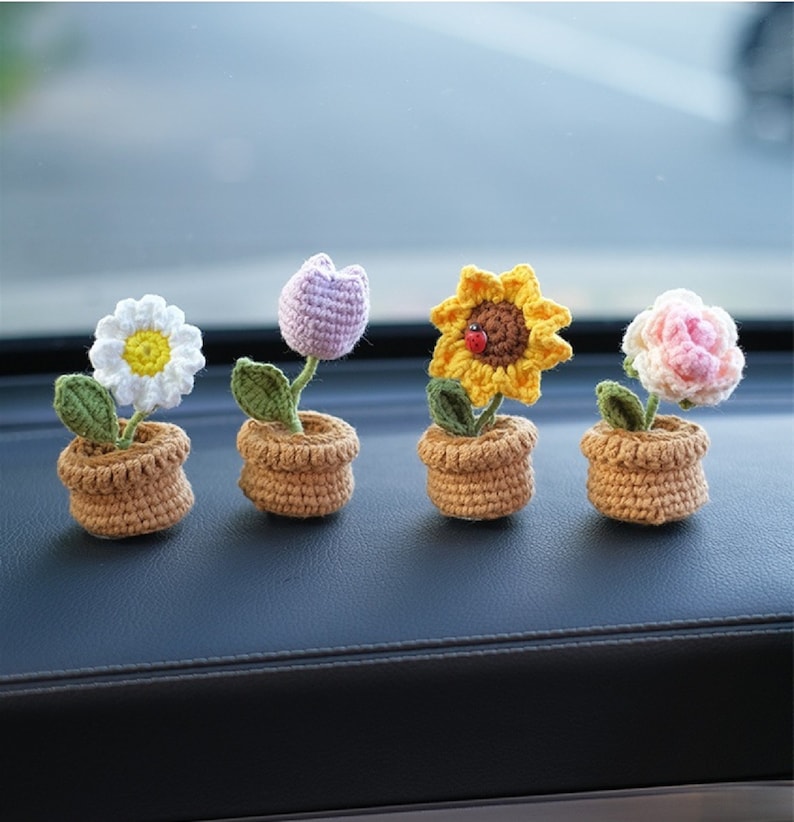 Sunflowe Car Accessories, Handmade Car Accessories Car Decorate, Car Dashboard Decor, Crochet Hanging Basket, Romantic Valentine's Day Gift image 1