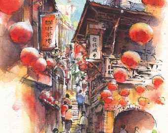 水彩藝術微噴複製畫 | 九份老街 | 台灣 | Watercolour Giclée Print | Jiufen Old Street | Taiwan