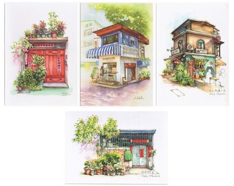 (一套四款) | Lot de 4 cartes postales aquarelles Taiwan Shophouse