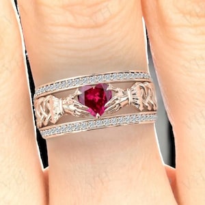 18K Heart Shaped Garnet Claddagh Engagement Ring Red Garnet Celtic Ring Claddagh Style Ring Bridal Promise Ring Women Anniversary Gift