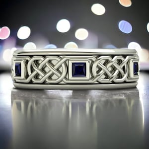 Bague de fiançailles Claddagh saphir bleu 18 carats Alliance celtique Bague d&#39;anniversaire Bague de promesse Cadeau élégant Son infinity Band Unique