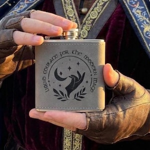 A Modern Mage's Liquid Courage Funny Witchy Laser Engraved Leather Flask For Whiskey Lovers, Gin Lovers Perfect For A Renaissance Fair - 6oz