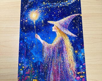 Magical Witch Enchanted Starry Night Pagan Greeting, Yule & Christmas Card – Beltane, Samhain Wiccan Sabbat Card