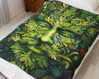 Green Man Velveteen Plush Blanket, Pagan Forest Folklore Spirit Fleece Throw, Celtic Woodland Face Art, Wiccan Cottagecore Decor