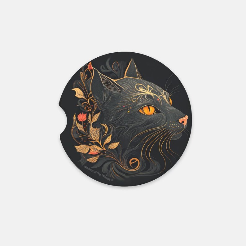 Mystic Woods Black Cat Hiding In The Flower Garden Sandstone Car Coasters Set of 2 image 3