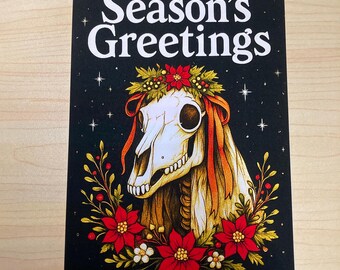 Mari Lwyd Christmas Card | Gothic Season’s Greetings Card with Skull Horse & Florals | Welsh Folklore Holiday Card | Pagan Yule Card 5x7