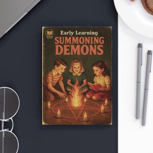 Puede incluir: Una portada de libro retro de "Early Learning Summoning Demons" con tres niños alrededor de un pentagrama y un fuego central. La portada tiene una estética vintage, con el logo de Regal Books. El diseño evoca nostalgia.
