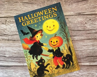 Vintage Halloween Card with Witch, Pumpkin Man, Black Cats, and Smiling Moon Whimsical Cemetery Scene Spooky Season Greeting