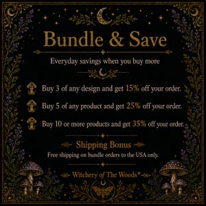 Może przedstawiać: Czarna tablica graficzna ze złotym tekstem: Bundle & Save, Everyday savings when you buy more, Buy 3 of any design and get 15% off your order, Buy 5 of any product and get 25% off your order, Buy 10 or more products and get 35% off your order.