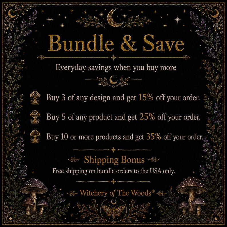 Może przedstawiać: Czarna tablica graficzna ze złotym tekstem: Bundle & Save, Everyday savings when you buy more, Buy 3 of any design and get 15% off your order, Buy 5 of any product and get 25% off your order, Buy 10 or more products and get 35% off your order.