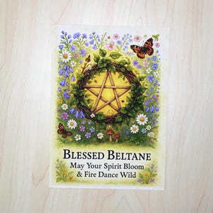 Carte pentacle de Beltane béni, voeux païen de fleurs sauvages pour amis sorcières, fête du printemps wicca, célébration du 1er mai du Sabbat