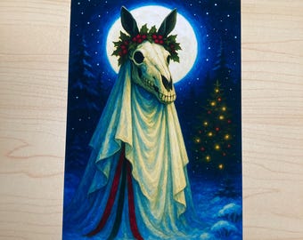 Mari Lwyd Christmas Card • Welsh Folklore Yule Card Welsh Creepy Christmas Horse Skull & Holly 5" x 7" Blank Alternative Holiday Greeting