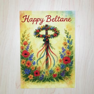 Carte de voeux Beltane Maypole Carte de vacances de printemps païenne Carte de 1er mai wicca avec rubans Fleurs sauvages Witchy Cottagecore Design