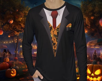 Eindringliches Halloween-Smoking-Langarm-Shirt mit gruseliger Halloween-Weste und roter Krawatte