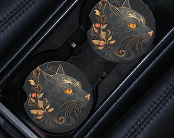Mystic Woods Black Cat Hiding In The Flower Garden Sandstone Car Coasters - Set of 2