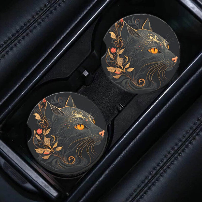 Mystic Woods Black Cat Hiding In The Flower Garden Sandstone Car Coasters Set of 2 image 1