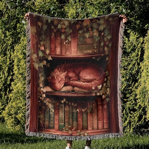 Sleeping Dragon Woven Blanket Cotton Jacquard Tapestry, Fantasy Home Decor, Cozy Reading Nook Book Lover Bookish Gift