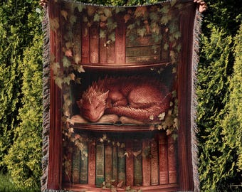 Sleeping Dragon Woven Blanket Cotton Jacquard Tapestry, Fantasy Home Decor, Cozy Reading Nook Book Lover Bookish Gift