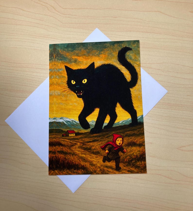 May include: Greeting card featuring a black cat with glowing yellow eyes, looming over a child in a red hooded cloak running across a field. The background shows a sunset over mountains and a small house. The card is on a white envelope.