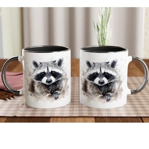 Adorable Watercolor Raccoon Wildlife  White 11oz Ceramic Colored Accent Mug Printed Front and Back