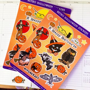 Retro Halloween Black Cat, Owl, Witch, Jackolantern, Scarecrow, Bat And Witch Matte Sticker Sheet Laptop, Journal or Planner Stickers