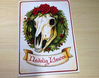 Nadolig Llawen Card | Mari Lwyd Welsh Language Christmas Card | Gothic Folklore Holiday Card | Pagan Yule Greeting | Skull Horse Winter Card