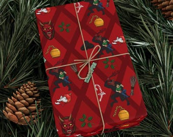 Krampus Geschenkpapier | Gothic Weihnachtsgeschenkverpackung | düsteres Creepmas Muster | Rote Krampus Papierrolle (3 Größen)
