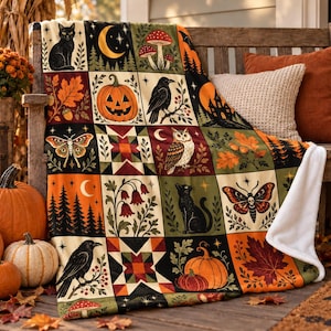 Vintage Halloween Patchwork Blanket, Black Cat Pumpkin Owl Throw, Spooky Cottagecore Velveteen Plush Fall Decor