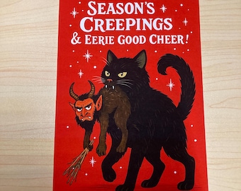 Season’s Creepings Card | Icelandic Black Yule Cat & Krampus Funny Christmas Card | Creepmas Holiday Card | Gothic Yuletide Greeting
