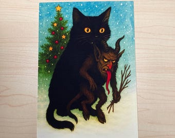 Yule Cat & Krampus Christmas Card • Jólakötturinn Icelandic Folklore Meets Alpine Folklore Humorous  5" x 7" Blank Holiday Greeting