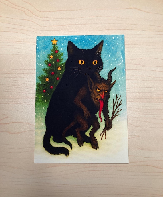 Yule Cat & Krampus Christmas Card • Jólakötturinn Icelandic Folklore Meets Alpine Folklore Humorous  5" x 7" Blank Holiday Greeting