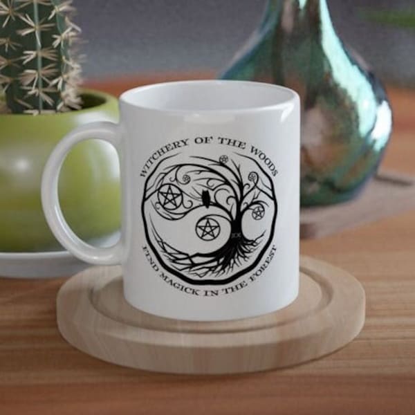 Witchery Of Woods Pentagram Tree And Owl Mug 11oz White With Black Design Ceramic Mug for Coffee, Tea, and Magically Mystical Morning Brews