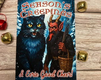 Season's Creepings And Eerie Good Cheer Yule Cat & Krampus Christmas Card Icelandic and Alpine Folklore   5" x 7" Blank Holiday Greeting