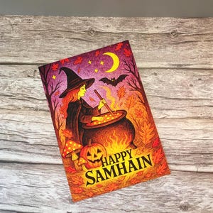 Happy Samhain Halloween Card Witch in Autumn Forest Illustration Pagan Wiccan Greeting Fall Season Witchcraft Stationery