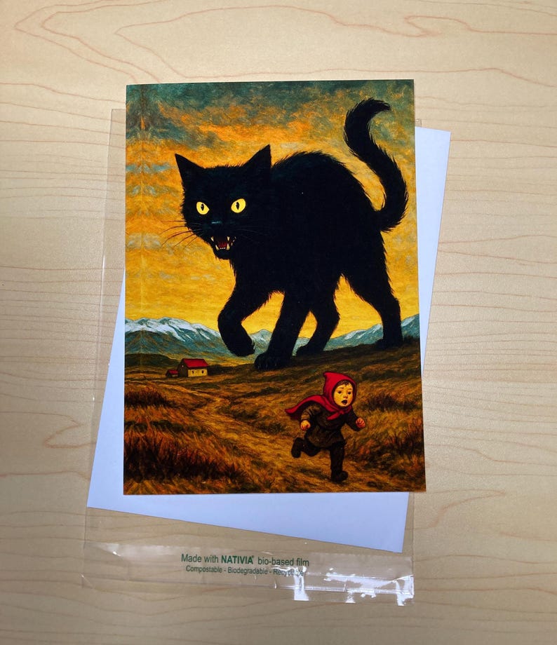 May include: Greeting card featuring a black cat with yellow eyes, chasing a child in a red hooded cloak across a field. The background shows a sunset and a small house. The card is in a clear plastic sleeve.