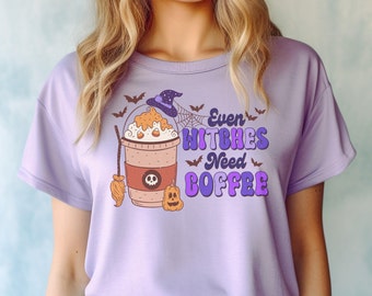 Even Witches Need Coffee Pumpkin Spice Coffee With Witches Broom and Jackolantern Unisex Comfort Colors Garment-Dyed T-shirt