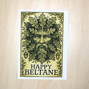 Carte de Greenman Beltane, voeux païens pour le 1er mai, Sabbat, fête du printemps wicca, roue de l'année, bénédiction de la nature, sorcière, feuille de chêne