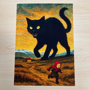 May include: Illustration of a large black cat with glowing yellow eyes, menacingly stalking a child in a red hooded cloak. The background features a field, small house, and mountains under an orange sky.