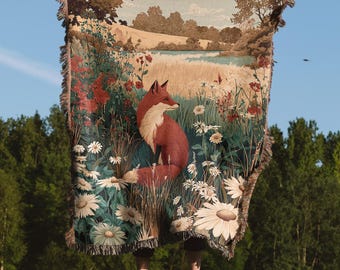 Fox in Wildflower Field Woven Blanket Rustic Jacquard Cotton Throw, Nature Wall Tapestry, Cozy Boho Cabin Home Décor Gift