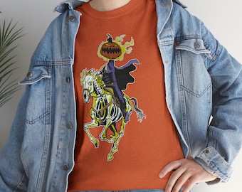 The Headless Horseman On His Skeletal Horse With Jackolantern Head Unisex Heavy Cotton Tee