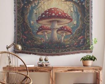 Mushrooms and Fairies Woven Blanket – Jacquard Woodland Tapestry, Cottagecore and Fantasy Decor, Boho Blanket Fairycore Bed or Couch Throw