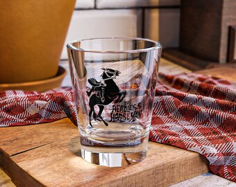 The Headless Horseman Throwing a Jackolantern Retro Drawing Two Colour Design Black and Orange Barware Shot Glass, 1.5 oz Unique Shot Glass