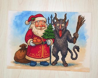 Cute Krampus Christmas Devil Card with Santa Funny Holiday Greeting for Dark Humour Lovers Father Christmas and Krampus Cartoon Card