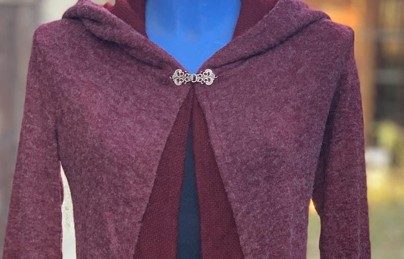 Op de afbeelding: Een bordeauxrode hooded cardigan met een zilveren sluiting. De cardigan is gemaakt van een zacht, pluche materiaal.