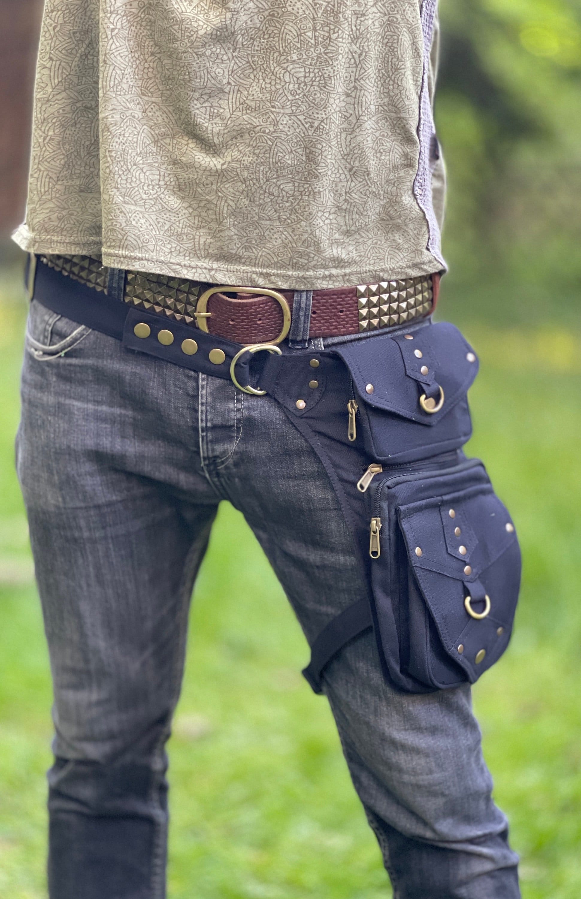 Festival Utility belt with leg strap ~ Riveted pocket Belt ~ Hip belt ~ Steampunk utility belt ~ Goa bag ~ Psytrance ~ Jungle.