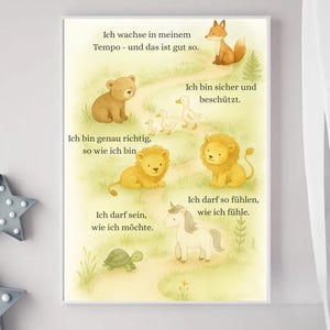 Affirmationsposter Kinder mit Tieren | Achtsamkeit & Selbstliebe | Wandbild Kinderzimmer personalisiert | Geschenk Geburt Taufe
