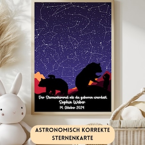 Carte des étoiles personnalisée pour naissance avec nom et date comme cadeau de baptême ou cadeau de bébé avec motif ours encadré | constellation |
