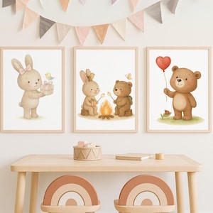 Conjunto de 3 cuadros de pared para habitación de bebé | Neutro | Para autoimprimir o enmarcar | Regalo de nacimiento o bautizo | Conjunto de 3 pósteres