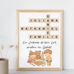 Scrabble Poster personalisiert mit Namen - Geschenk zur Taufe, Geburt, Einzug - Kreuzworträtsel Wandbild Familie - gerahmt oder digital